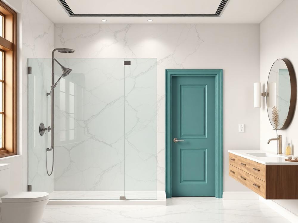 BelAir package bathroom with marble-look shower walls and frameless glass doors