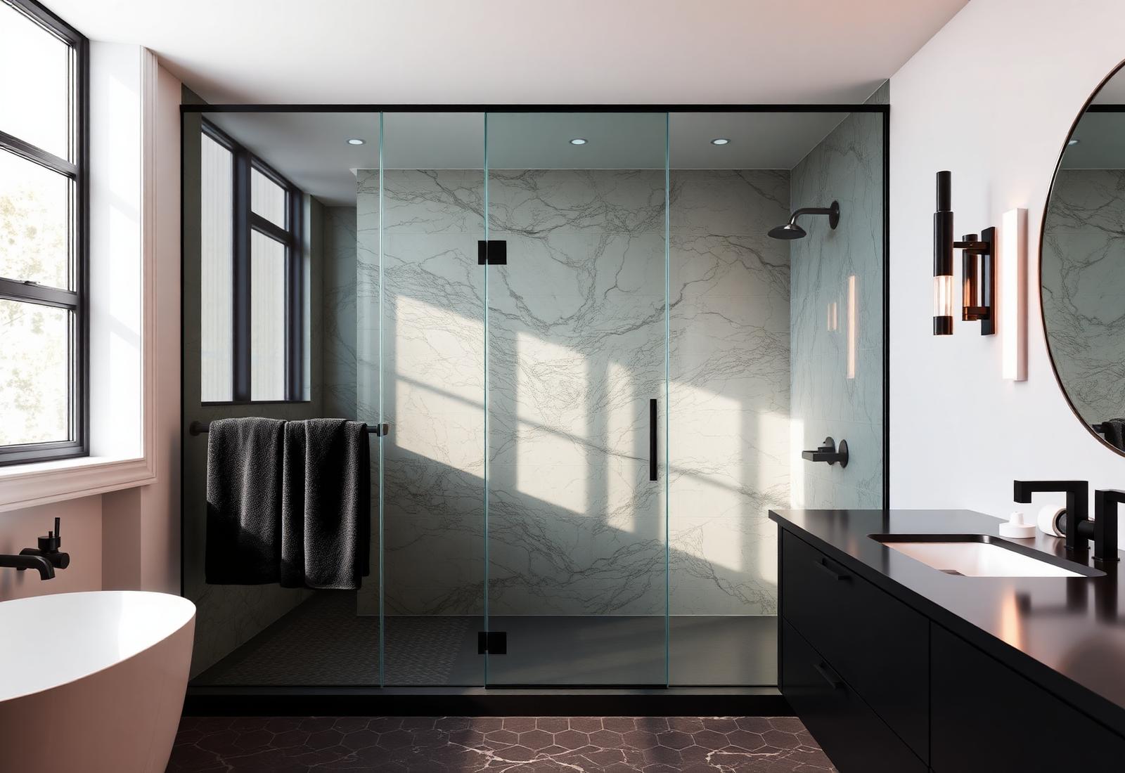 Modern renovated bathroom with a walk-in glass shower and marble-look wall panels