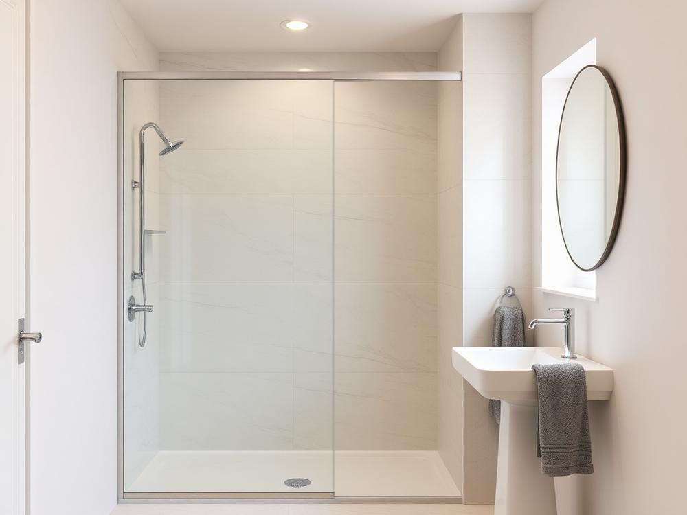 Monterey series bathroom with sliding glass shower door and cream stone walls