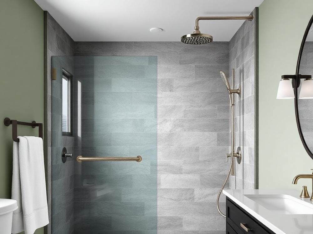 Pioneer series bathroom with grey veined stone shower walls